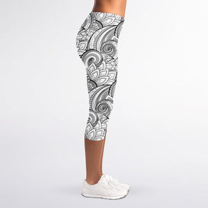 Zentangle Flower Pattern Print Women's Capri Leggings