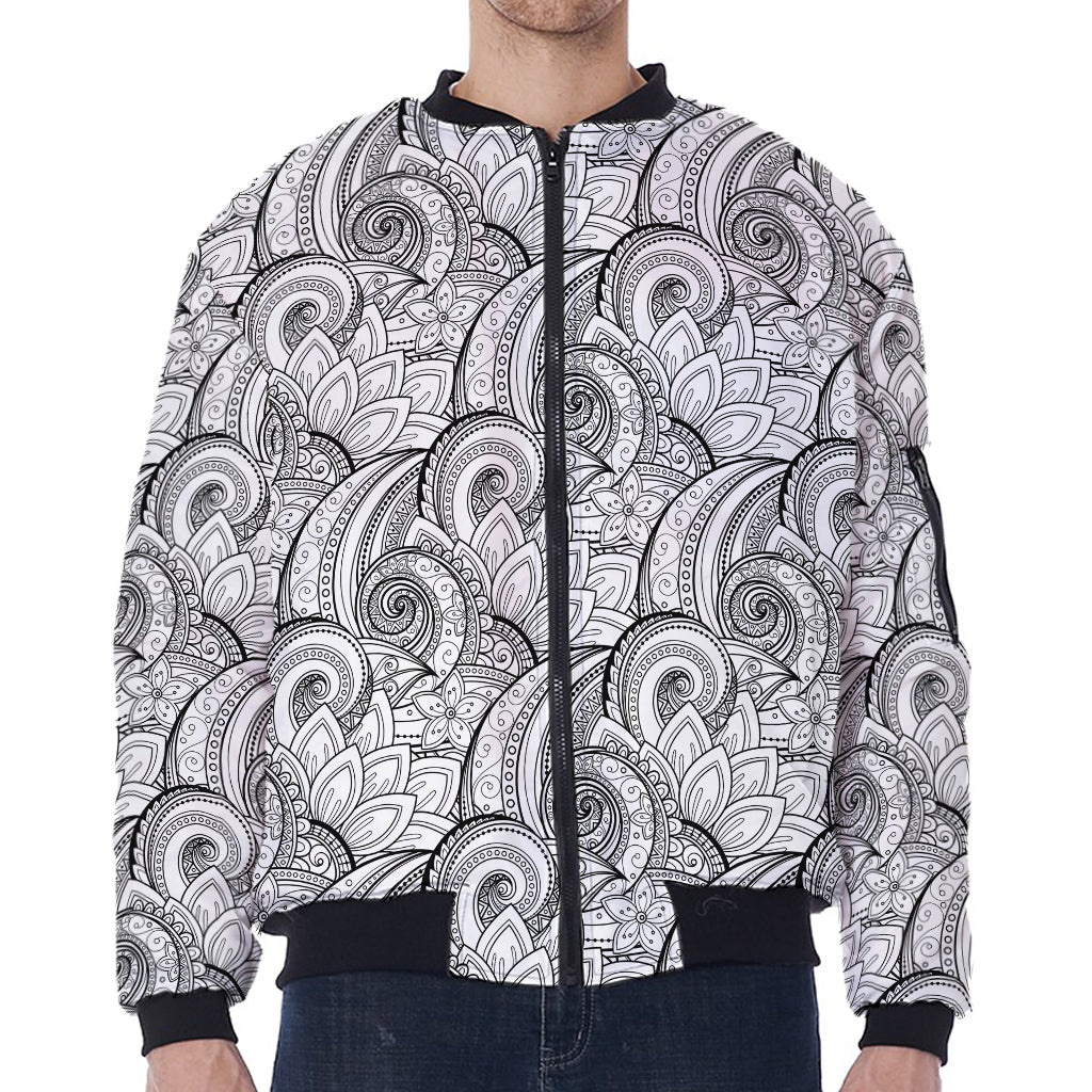 Zentangle Flower Pattern Print Zip Sleeve Bomber Jacket