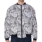 Zentangle Flower Pattern Print Zip Sleeve Bomber Jacket
