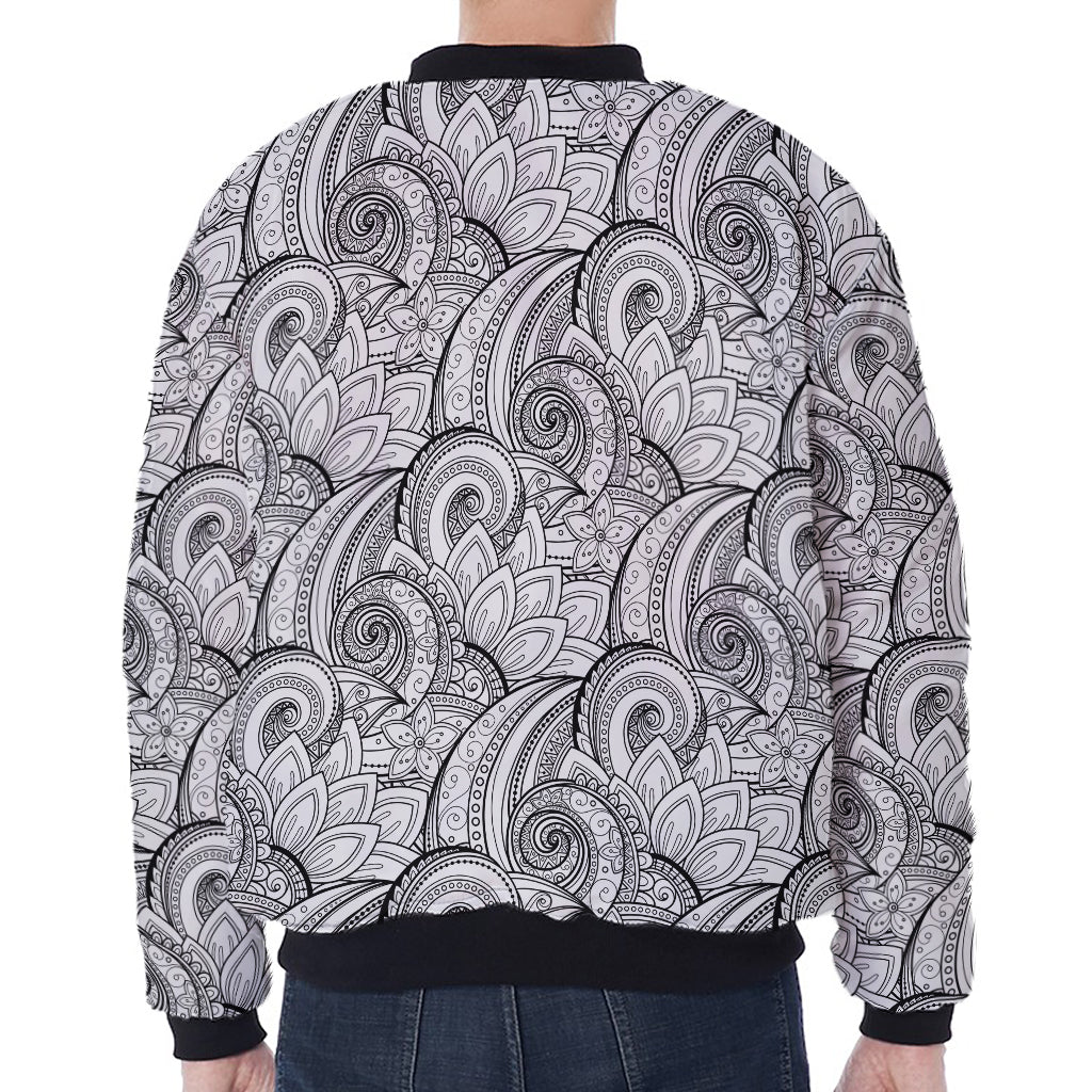 Zentangle Flower Pattern Print Zip Sleeve Bomber Jacket