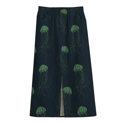 Zentangle Jellyfish Pattern Print Cotton Front Slit Maxi Skirt