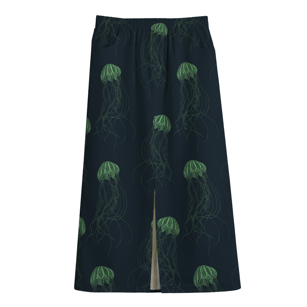 Zentangle Jellyfish Pattern Print Cotton Front Slit Maxi Skirt