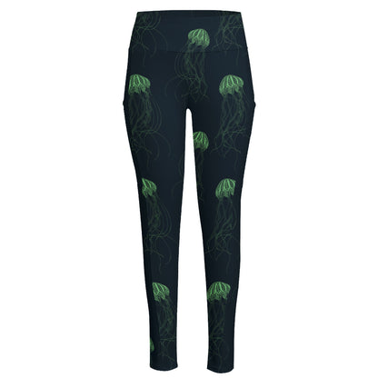 Zentangle Jellyfish Pattern Print High-Waisted Pocket Leggings