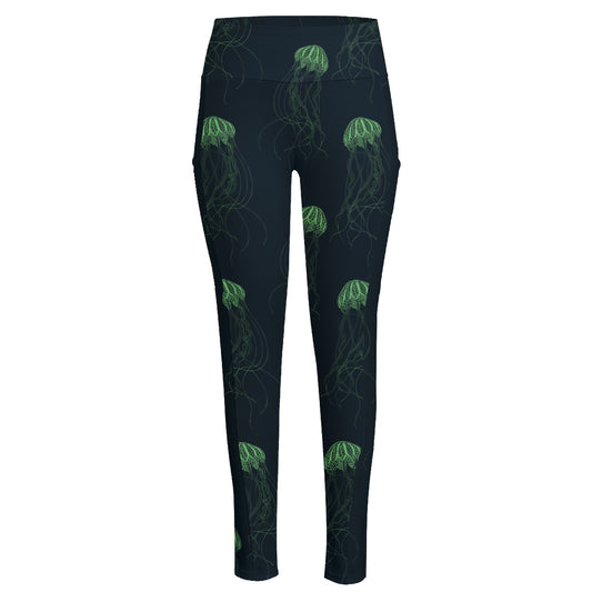 Zentangle Jellyfish Pattern Print High-Waisted Pocket Leggings