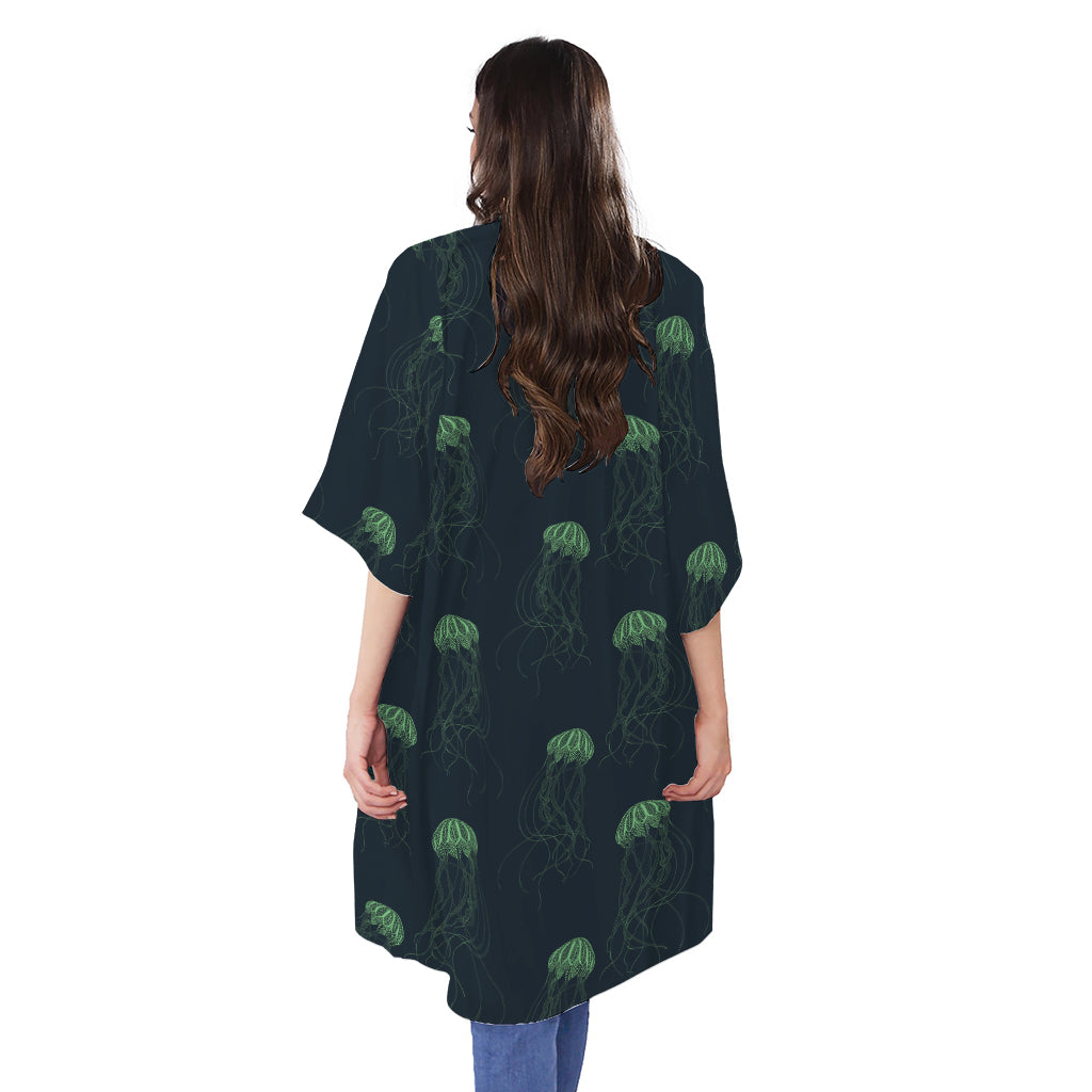 Zentangle Jellyfish Pattern Print Open Front Beach Cover Up