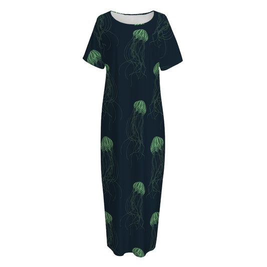 Zentangle Jellyfish Pattern Print Short Sleeve Long Nightdress