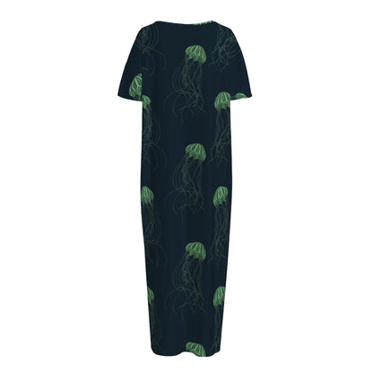 Zentangle Jellyfish Pattern Print Short Sleeve Long Nightdress