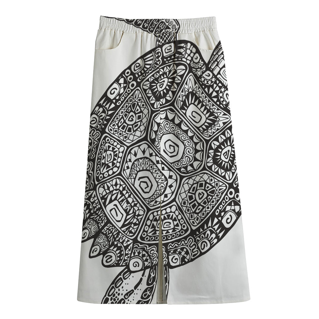 Zentangle Sea Turtle Print Cotton Front Slit Maxi Skirt