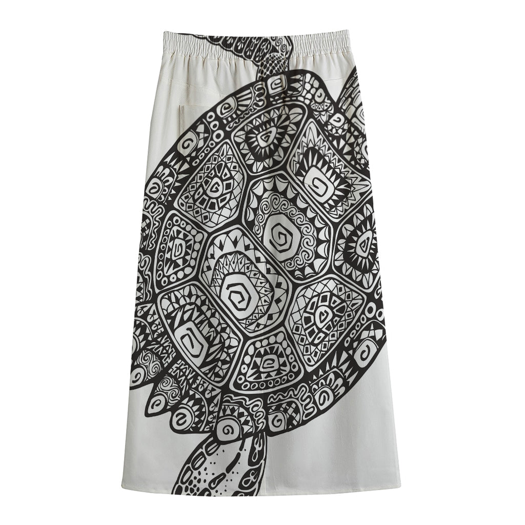 Zentangle Sea Turtle Print Cotton Front Slit Maxi Skirt