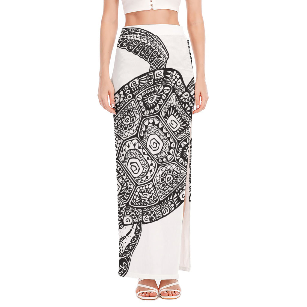 Zentangle Sea Turtle Print High Slit Maxi Skirt