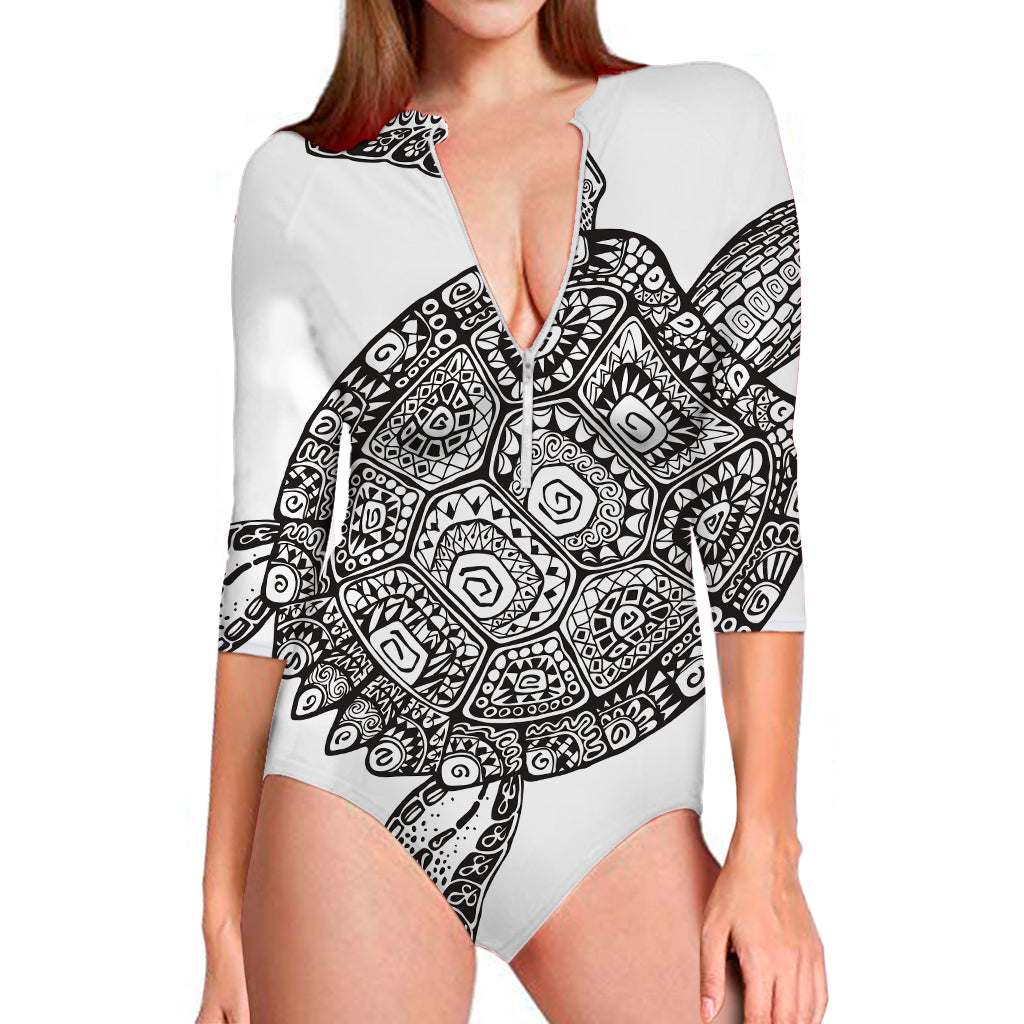 Zentangle Sea Turtle Print Long Sleeve Swimsuit