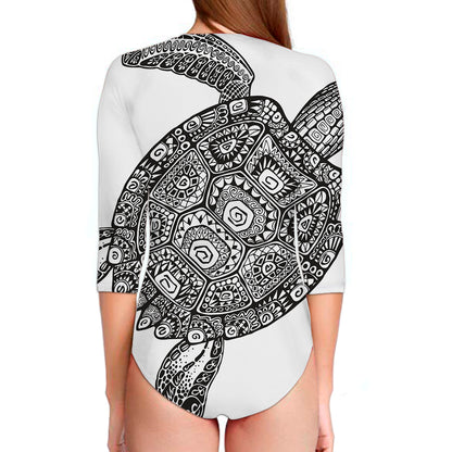 Zentangle Sea Turtle Print Long Sleeve Swimsuit