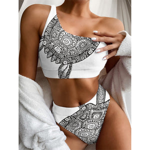 Zentangle Sea Turtle Print One Shoulder Bikini Top