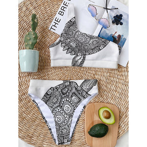 Zentangle Sea Turtle Print One Shoulder Bikini Top