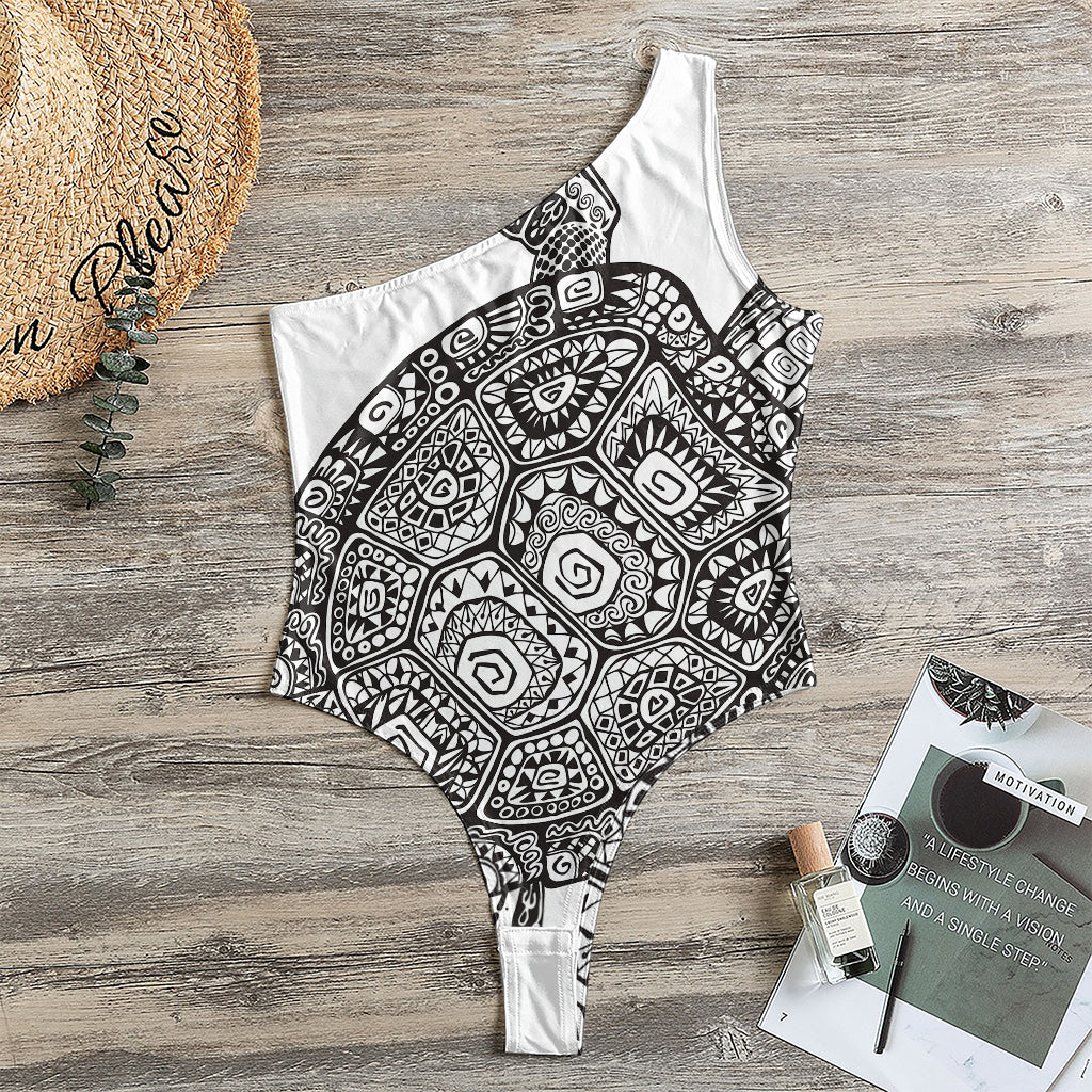 Zentangle Sea Turtle Print One Shoulder Bodysuit