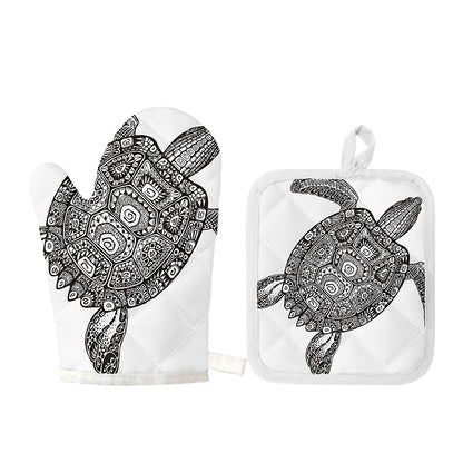 Zentangle Sea Turtle Print Oven Mitt And Pot Holder Set