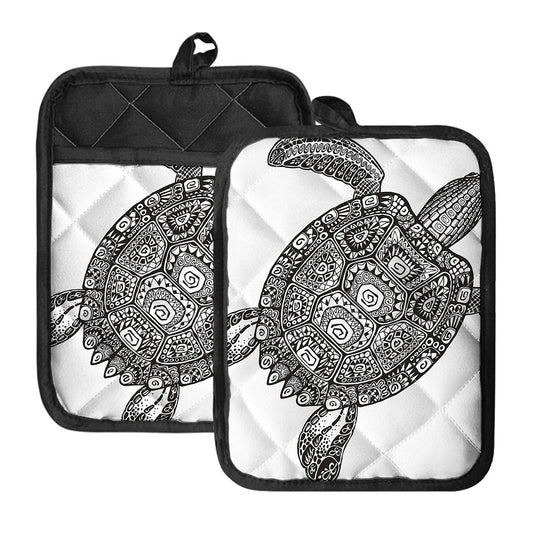 Zentangle Sea Turtle Print Pot Holders With Pocket