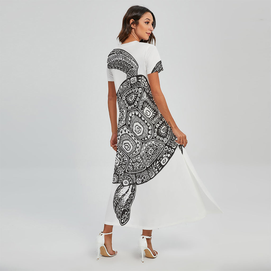 Zentangle Sea Turtle Print Short Sleeve Maxi Dress