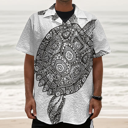 Zentangle Sea Turtle Print Textured Short Sleeve Shirt