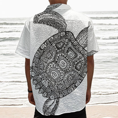 Zentangle Sea Turtle Print Textured Short Sleeve Shirt