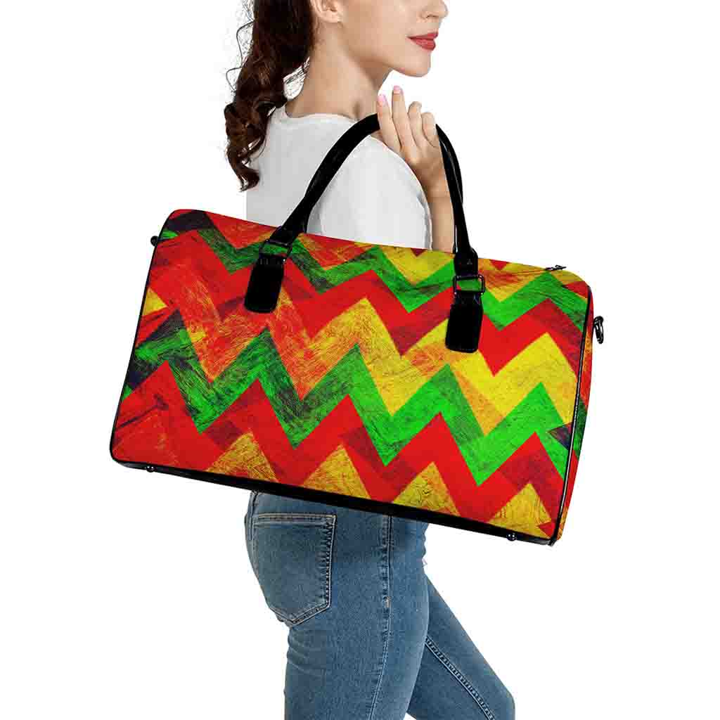 Zig Zag Reggae Pattern Print Leather Duffle Bag