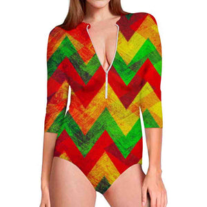 Zig Zag Reggae Pattern Print Long Sleeve Swimsuit