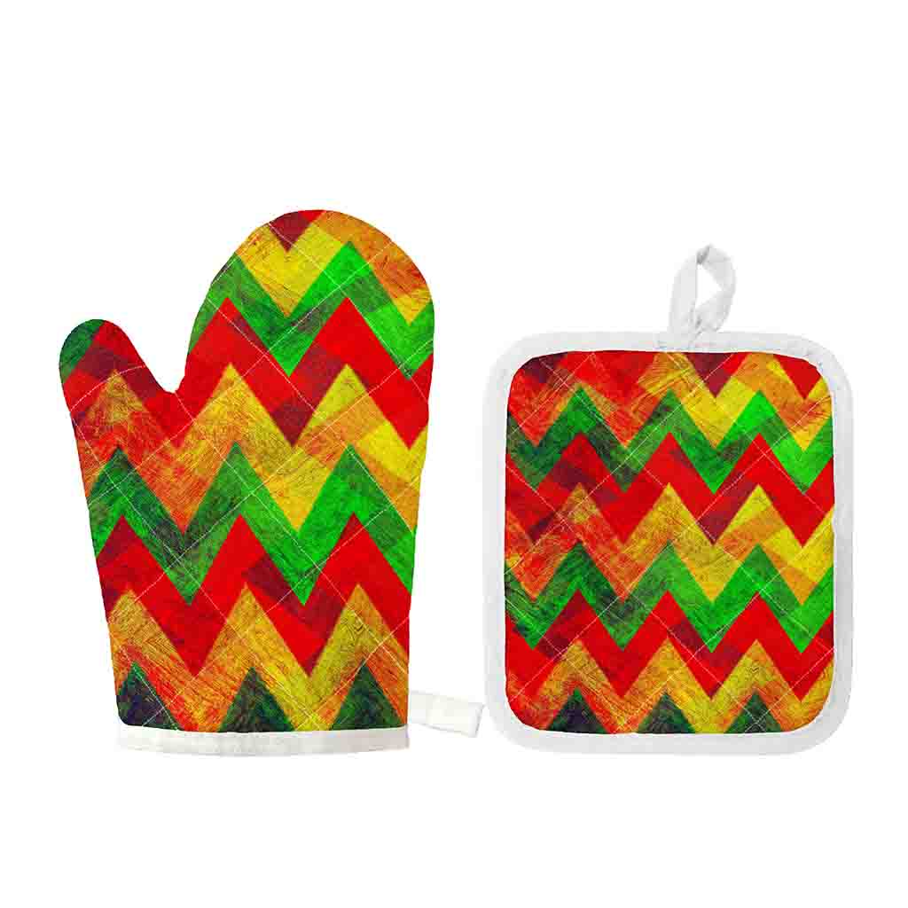 Zig Zag Reggae Pattern Print Oven Mitt And Pot Holder Set