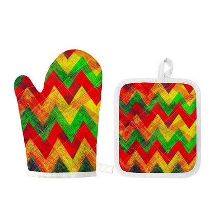 Zig Zag Reggae Pattern Print Oven Mitt And Pot Holder Set