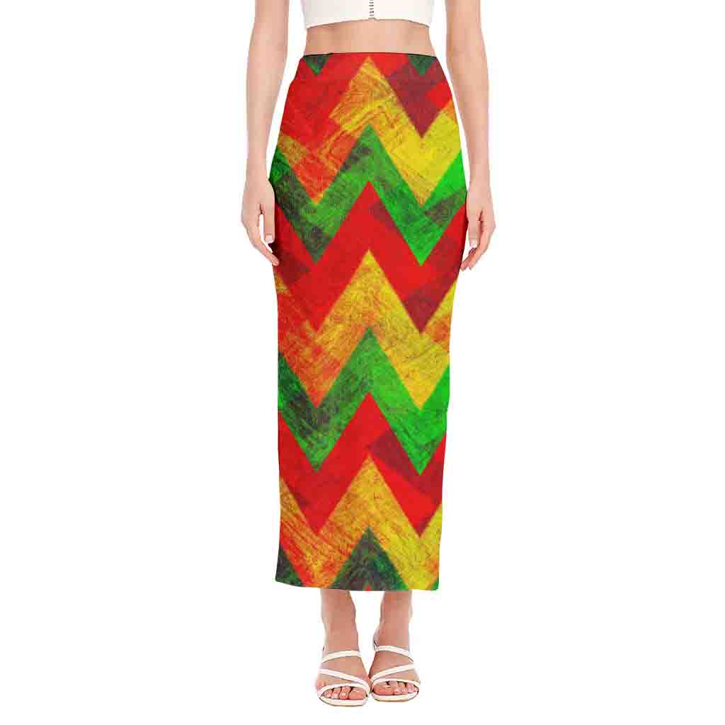 Zig Zag Reggae Pattern Print Side Slit Maxi Skirt