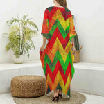 Zig Zag Reggae Pattern Print Silk V-Neck Kaftan Dress