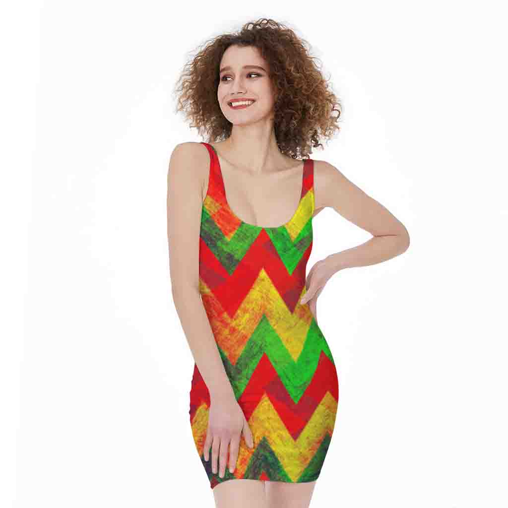Zig Zag Reggae Pattern Print Sleeveless Bodycon Dress