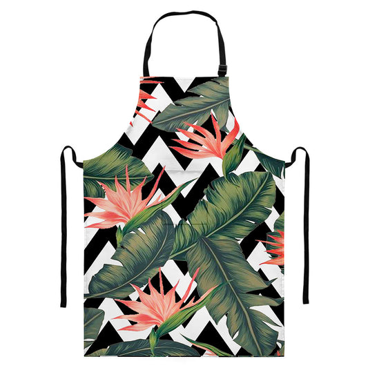 Zig Zag Tropical Pattern Print Bib Apron With Pocket