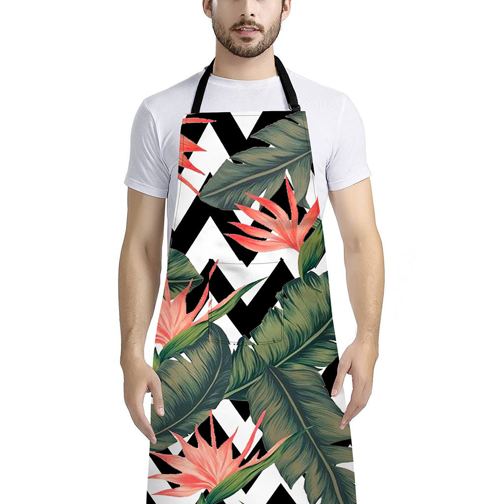 Zig Zag Tropical Pattern Print Bib Apron With Pocket