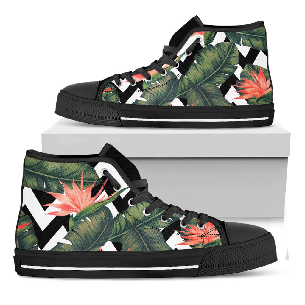 Zig Zag Tropical Pattern Print Black High Top Sneakers
