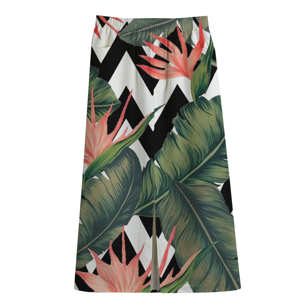 Zig Zag Tropical Pattern Print Cotton Front Slit Maxi Skirt