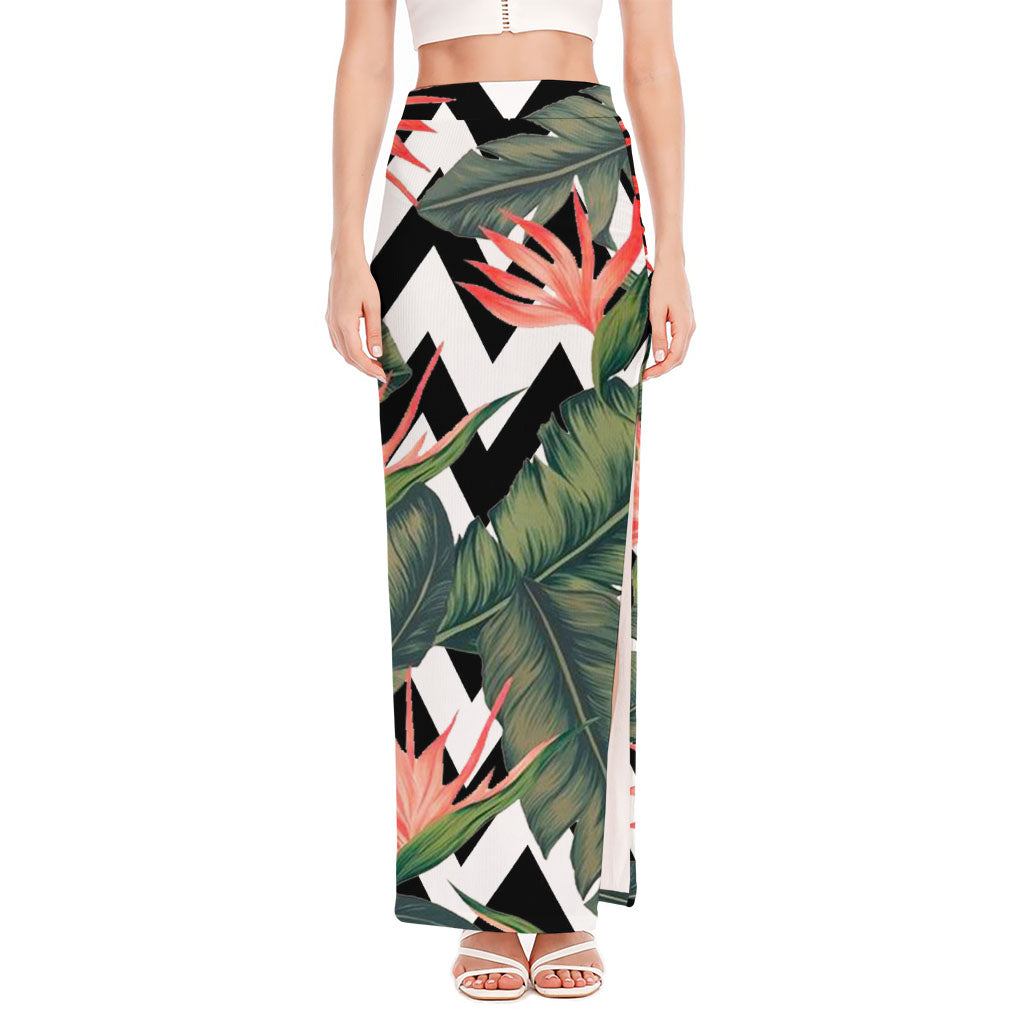 Zig Zag Tropical Pattern Print High Slit Maxi Skirt