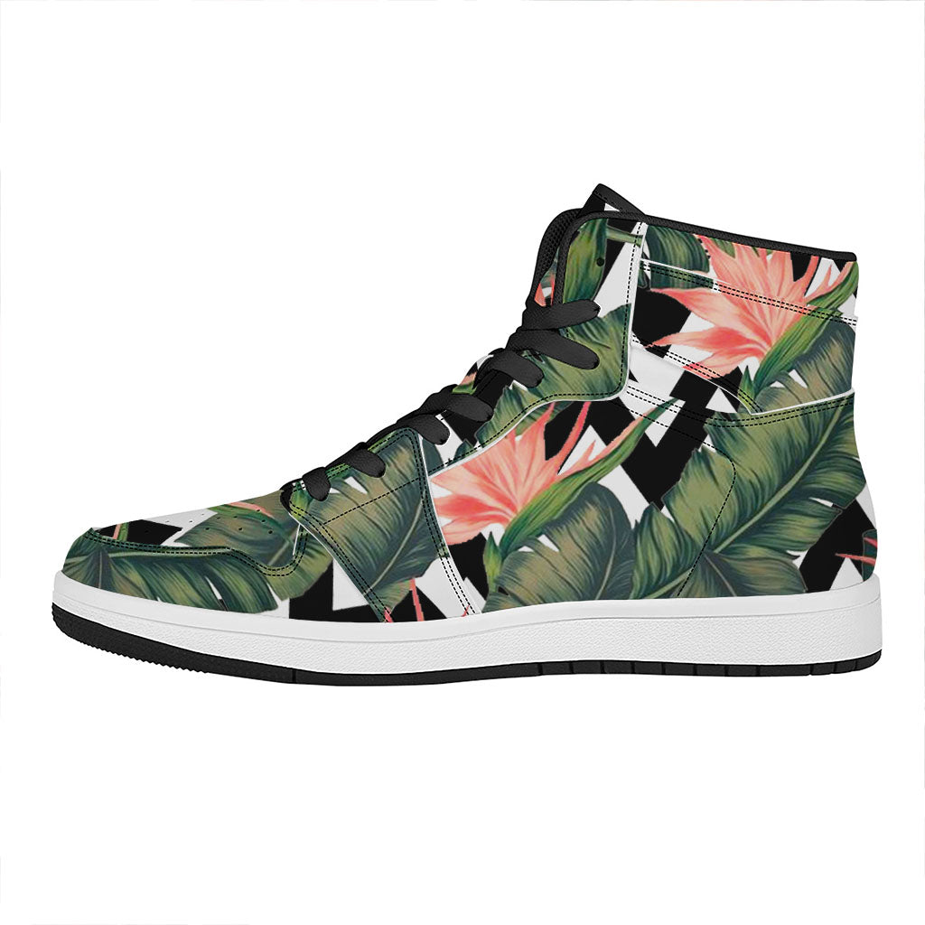 Zig Zag Tropical Pattern Print High Top Leather Sneakers
