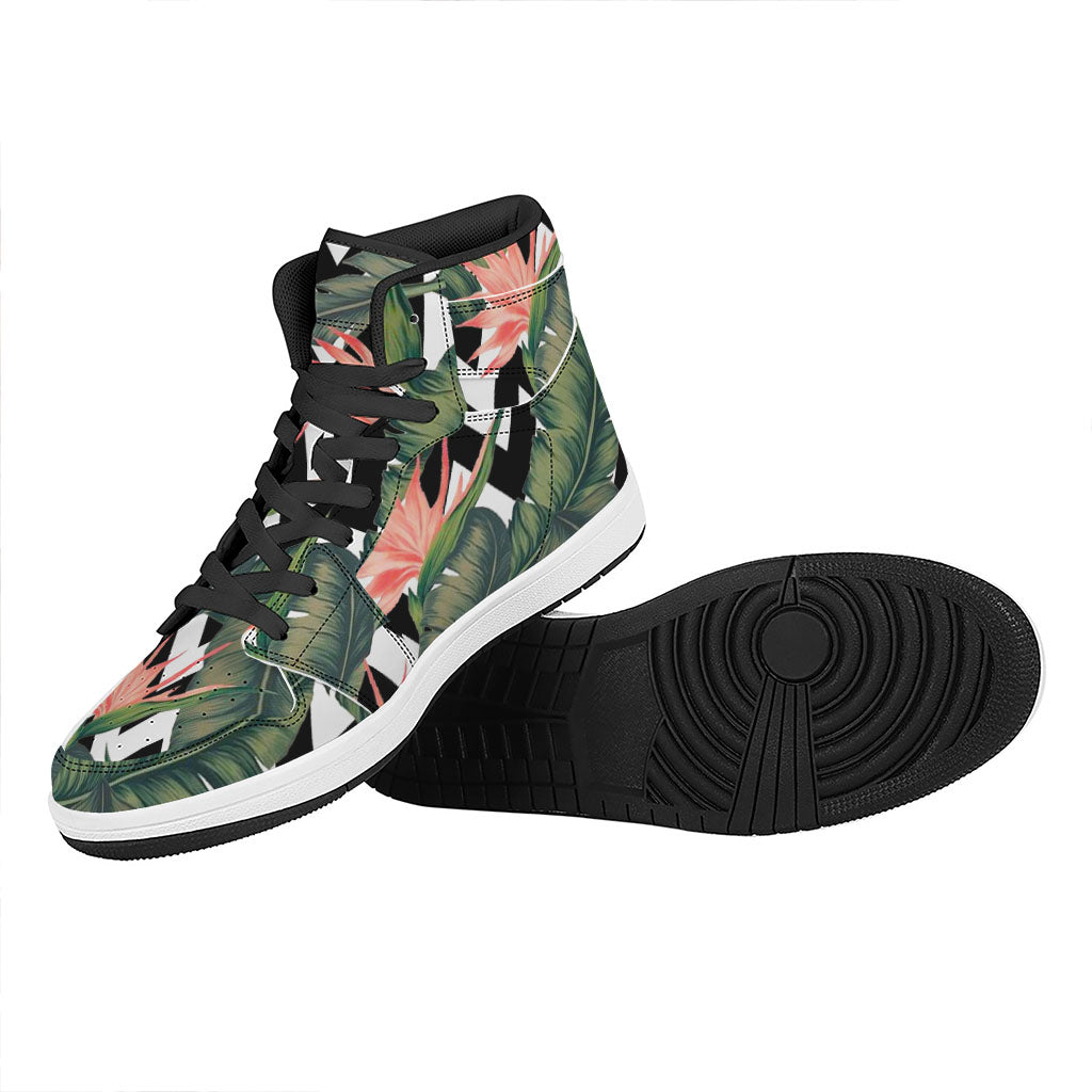 Zig Zag Tropical Pattern Print High Top Leather Sneakers