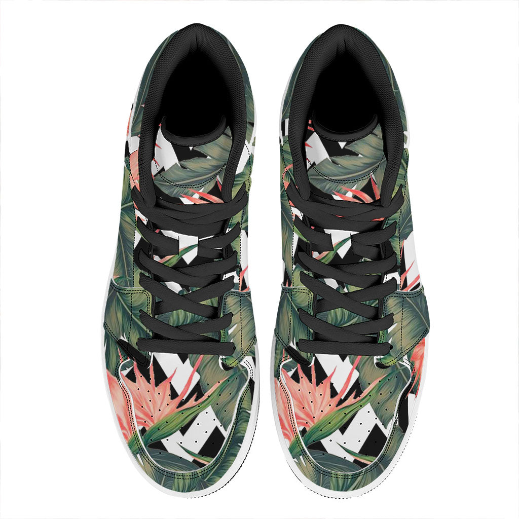 Zig Zag Tropical Pattern Print High Top Leather Sneakers