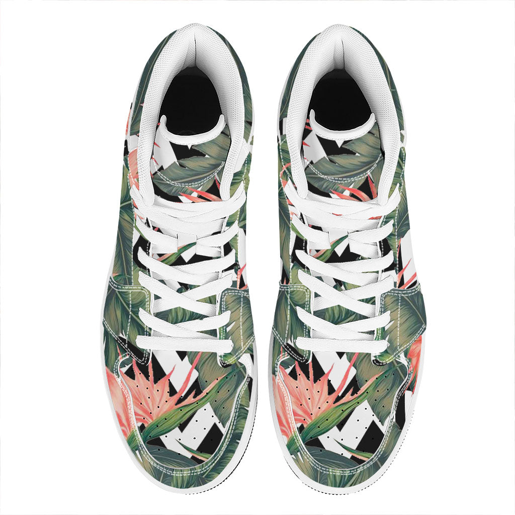 Zig Zag Tropical Pattern Print High Top Leather Sneakers