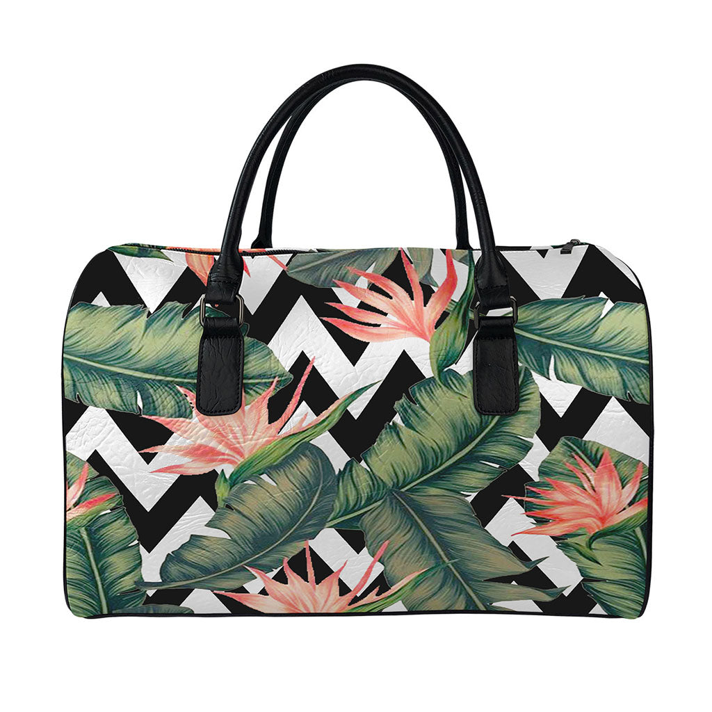 Zig Zag Tropical Pattern Print Leather Duffle Bag
