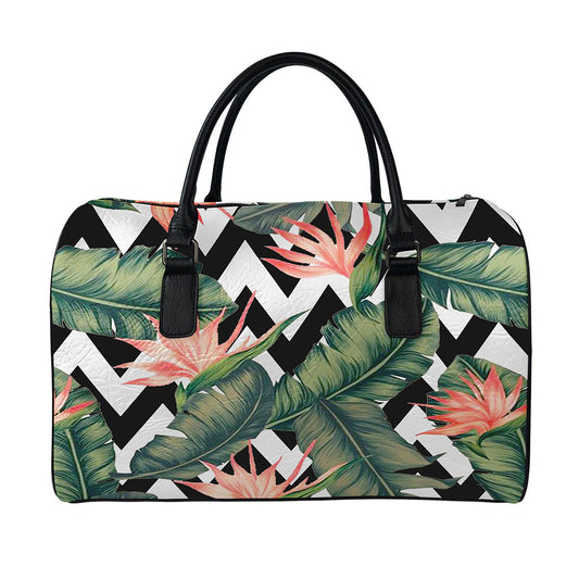 Zig Zag Tropical Pattern Print Leather Duffle Bag