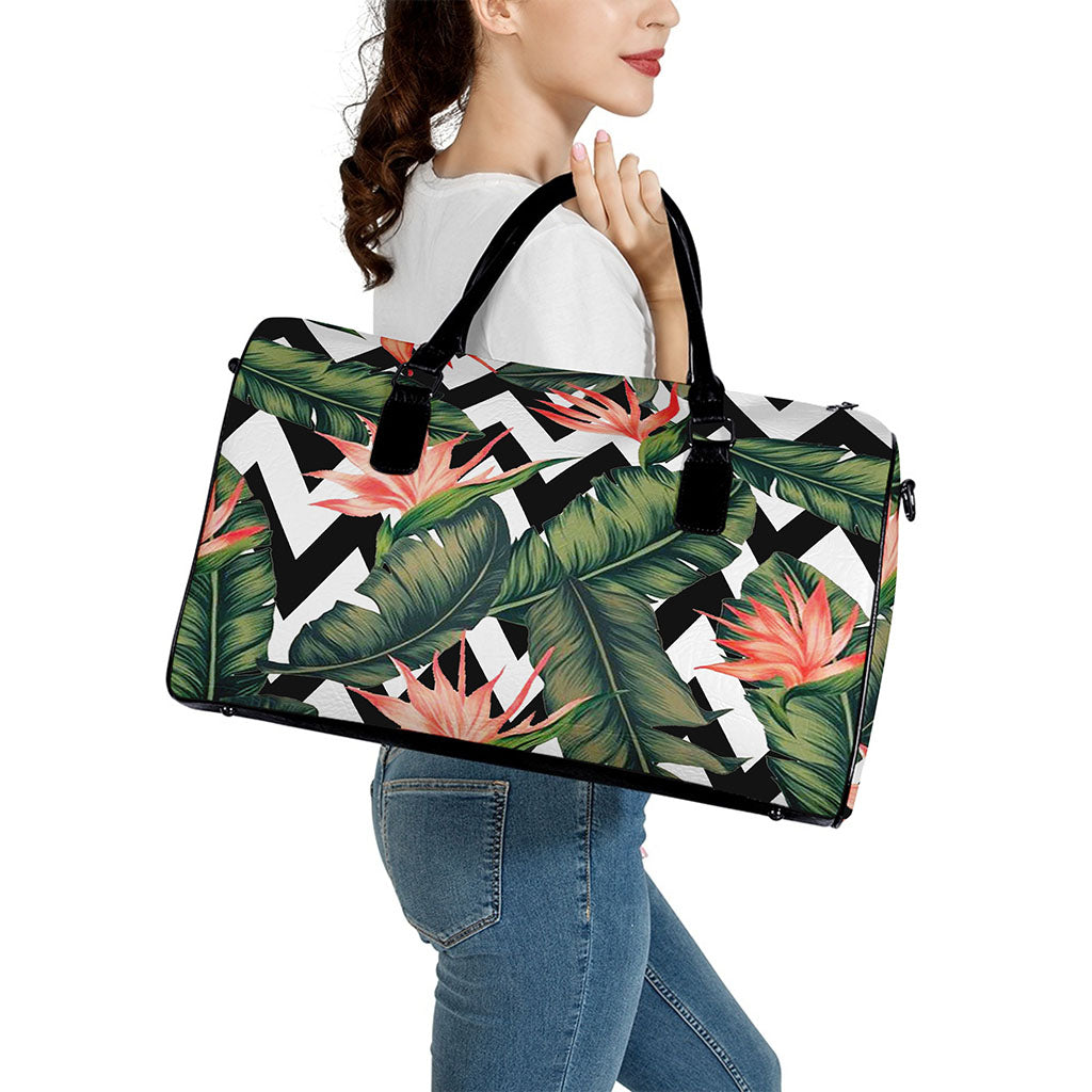 Zig Zag Tropical Pattern Print Leather Duffle Bag