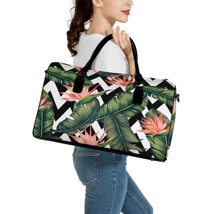 Zig Zag Tropical Pattern Print Leather Duffle Bag