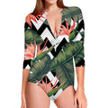 Zig Zag Tropical Pattern Print Long Sleeve Swimsuit