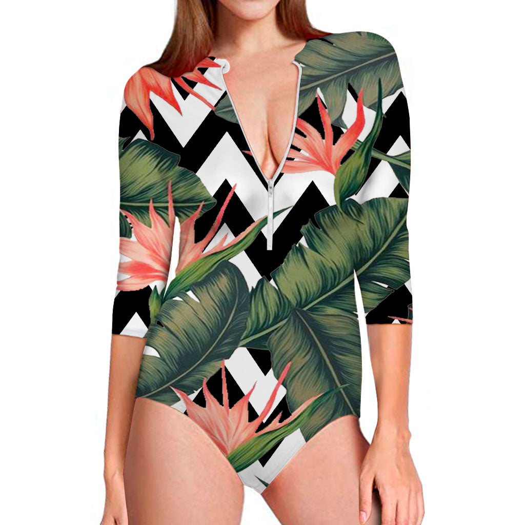 Zig Zag Tropical Pattern Print Long Sleeve Swimsuit