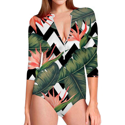 Zig Zag Tropical Pattern Print Long Sleeve Swimsuit