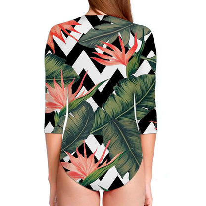 Zig Zag Tropical Pattern Print Long Sleeve Swimsuit