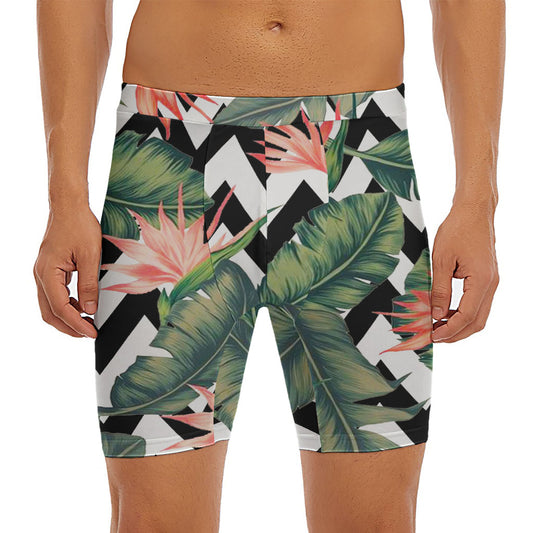 Zig Zag Tropical Pattern Print Men's Long Boxer Briefs