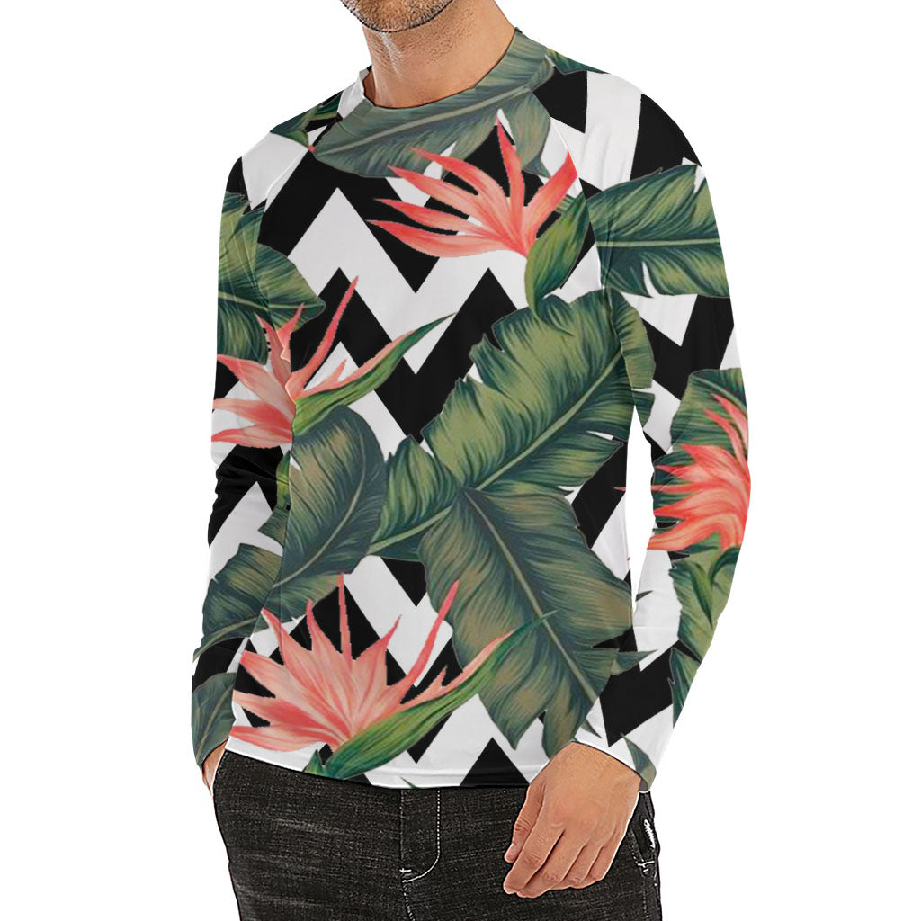 Zig Zag Tropical Pattern Print Men's Long Sleeve Rash Guard